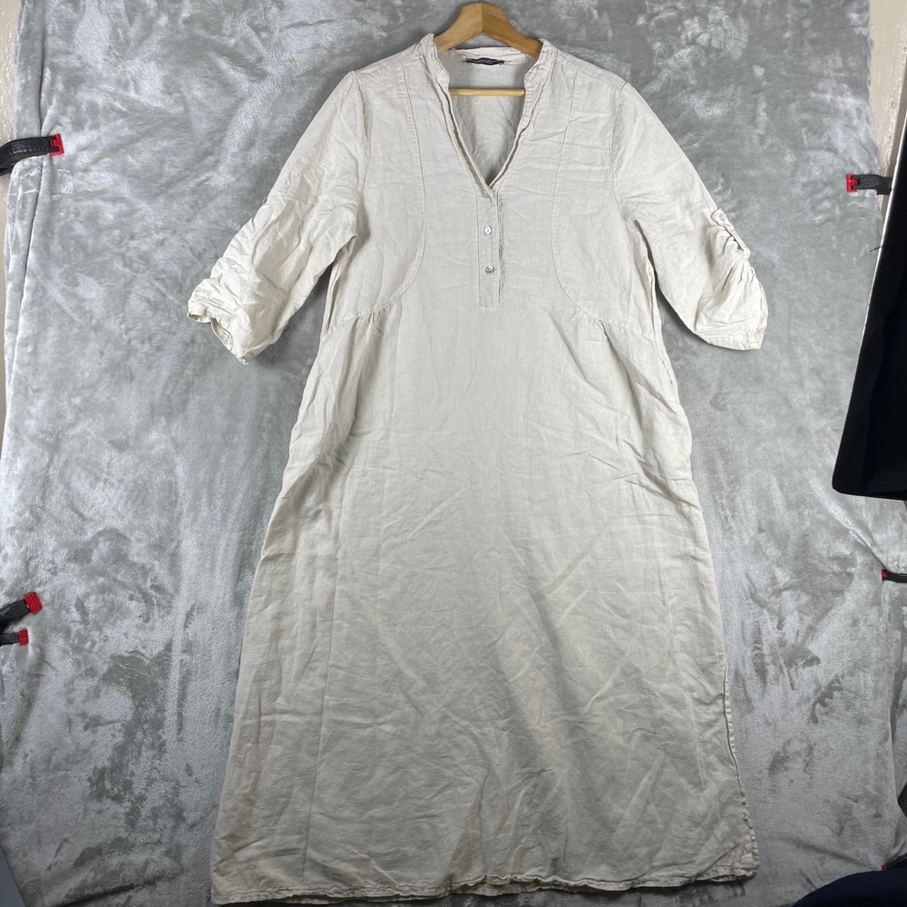Francesca Bettini Maxi Dress Womens L Beige Linen Blend Henley Roll Tab Sleeve